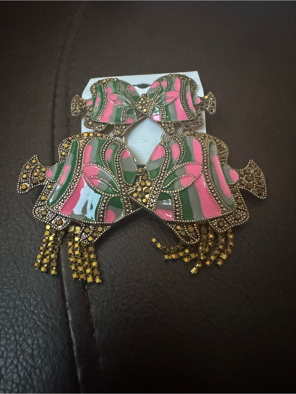 NWT Pink and Green Fish Dangle Earrings with Gold Accents, Statement Earrings